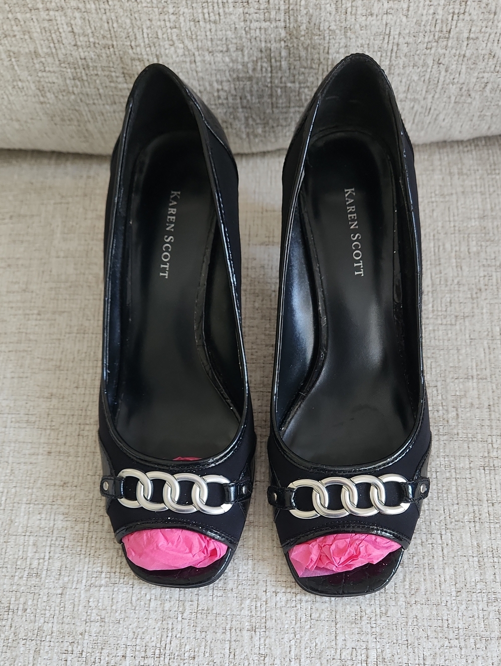 Karen Scott Black Peep-Toe Heels with Silver Chain Accent Sz. 9M